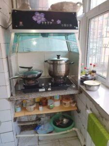 Kitchen supplies in shelter.